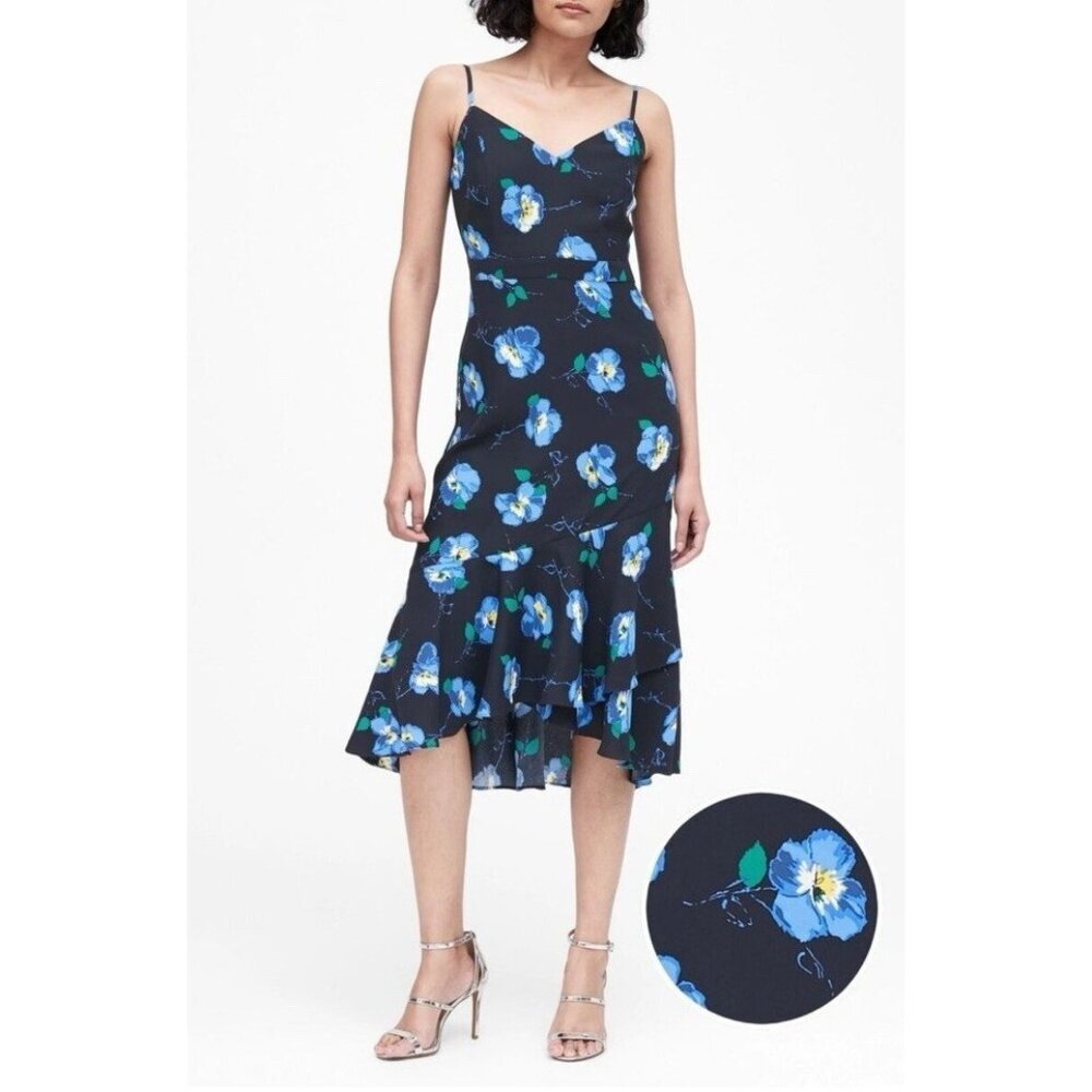 Banana Republic Slip Dress 12 Blue Black Washable Flowy Floral Midi Sleeveless